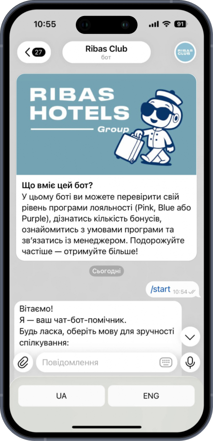 Демонстрація чат-бот RIBAS HOTELS GROUP 1